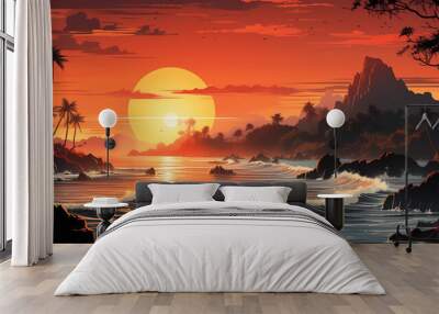 a retro design of a beach at sunset Wall mural