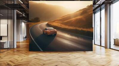 A sports car drives down a long winding road Wall mural