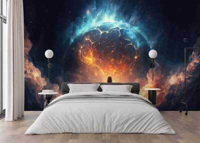 A women sits out looking at the universe expand and be created, Generative AI Wall mural