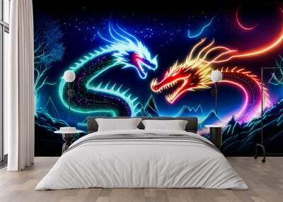 outline pair of dragon drawn with neon light, at night; graphic design concept; Wall mural