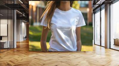 Young Model Shirt Mockup woman wearing white tshirt in campus in daylight Shirt Mockup Templat Wall mural