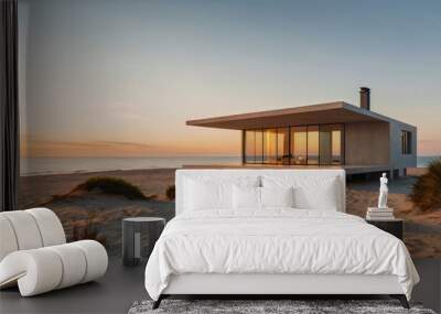 minimalist house on the beach with the morning sun in the background Wall mural