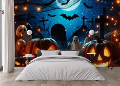 Halloween pumpkins jack o lantern showing scary faces in a spooky night cemetery with ghosts and bats flying Wall mural