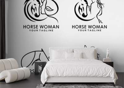 Western woman in a cowboy hat. Cowboy girl in hat line art vector minimalist logo. Abstract Woman and Horse. Girl and horse line drawing Wall mural