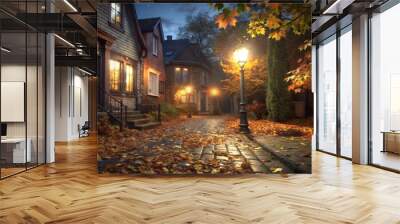 A cobblestone street lined with quaint houses, illuminated by a lamppost in the evening, with fallen autumn leaves on the ground. Wall mural