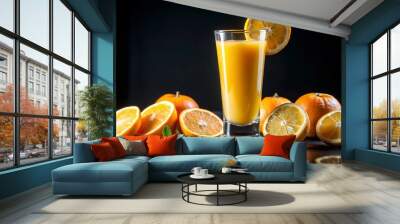 A glass of fresh orange juice with orange slices and mint leaves on a black background. Wall mural