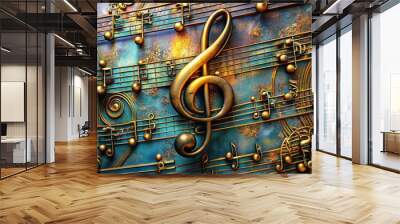 A golden treble clef on a blue and brown background with musical notes and staff lines. Wall mural