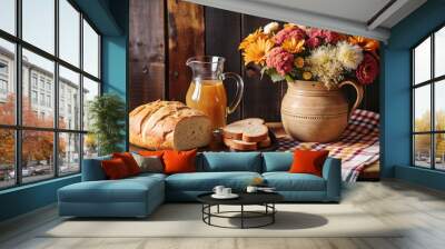 A rustic table with a loaf of bread, a pitcher of juice, and a bouquet of fall flowers in a clay pot. Wall mural