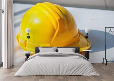 A yellow hard hat on a white surface casts a shadow in the sunlight. Wall mural