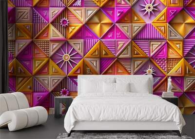 Abstract geometric pattern with pink and yellow triangles. Wall mural