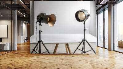 Two studio lights on tripods set up in front of a white backdrop. Wall mural