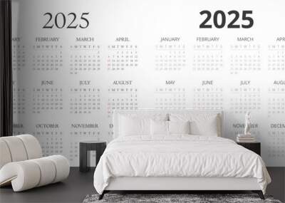 2025 Calendar Template with Serif and Sans Serif text styles. Simple layout vector design. Calendar for the year 2025 tables for 12 months. Modern and elegant design Wall mural