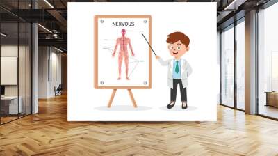 Nervous system clipart cartoon style. Doctor presenting human nervous system at medical seminar flat vector illustration. Brain, spinal cord, nerve. Medical, neurology doctor conference concept Wall mural