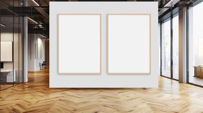 Set of 2 realistic photo frames mockup. Portrait large a3, a4 wooden frame mockup on white blank wall. Simple, clean, modern, minimal poster frame. White picture frame mockup. International paper size Wall mural