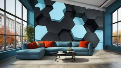 3d rendering, black and cyan hexagon cubes. Wall mural