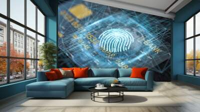 Bank card with fingerprint tech concept glowing lines, 3d rendering Wall mural