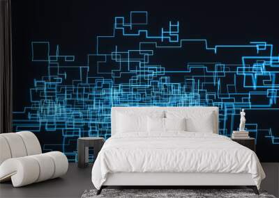 Blue cyber space with crossed glowing lines, 3d rendering. Wall mural