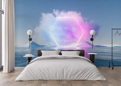 Cloud with glowing neon lines and water surface, 3d rendering. Wall mural