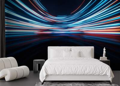 Glowing round illuminated lines with motion blur, 3d rendering. Wall mural