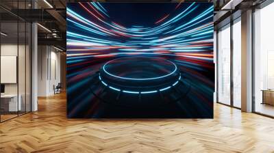 Glowing round illuminated lines with motion blur, 3d rendering. Wall mural