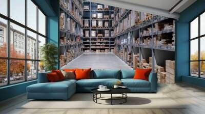 Industrial warehouses and shelves with boxes Wall mural