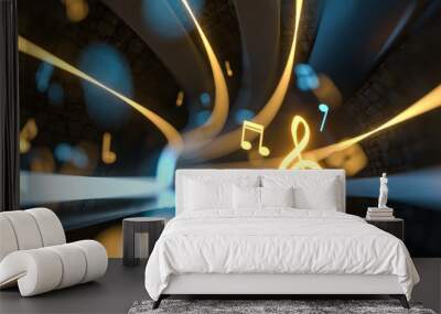 Music notes with dark background, floating notes, 3d rendering. Wall mural