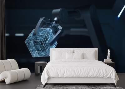 Robotic arms in the dark futuristic room, 3d rendering. Wall mural