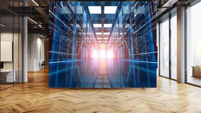 Server racks in computer network security server room data center, 3d rendering. Wall mural