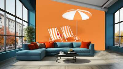 Sunshade, beach chair with orange background, 3d rendering. Wall mural