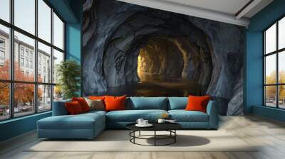 The dark rock tunnel with light illuminated in the end, 3d rendering. Wall mural