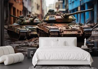 Two old military tanks parked on a street Generative AI Wall mural