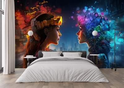 Two Women with Headpieces Looking at Each Other Generative AI Wall mural