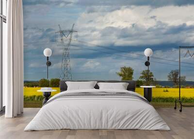 Electric tower and yellow rape field. Beautiful landscape in Poland Wall mural