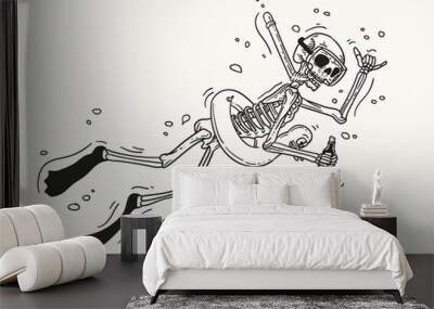 Cartoon skeleton jumping out of the water. Summer vibe . Outline illsutration
 Wall mural