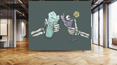 Hand drawn illustration of two hands holding a glass of cocktail with lime and ice
 Wall mural