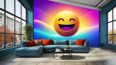 A bright and happy emoticon with a huge smile and closed eyes floats in front of vibrant wavy neon lines on a gradient background. Colorful waves give this fun scene a dynamic feel. Generated by AI. Wall mural