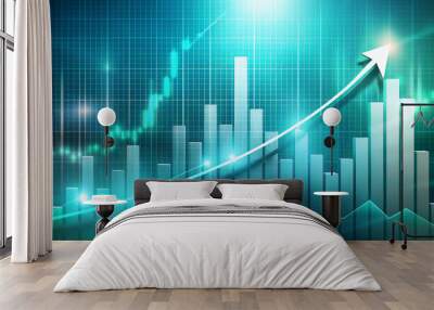 A glowing, upward trend line overlays a series of vertical bars that suggest positive growth on a financial or data chart. The background is a grid with faintly visible data points to add depth.AI gen Wall mural