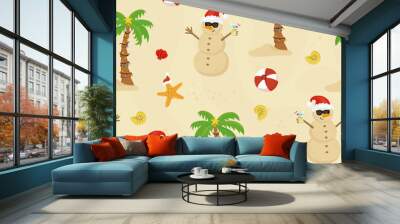 Christmas on the beach seamless pattern design. Background with snowman, palm, starfish, and beach ball.	 Wall mural