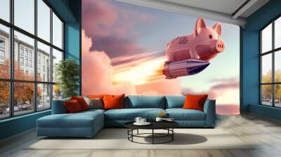 Piggy bank equipped with a rocket booster flies through the cloud-filled sky,leaving a trail of fire and smoke in its wake.Scene combines elements of whimsy and fantasy,suggesting financial growth.AI  Wall mural