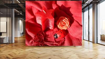 Red candle on the red background, Valentine romantic day Wall mural