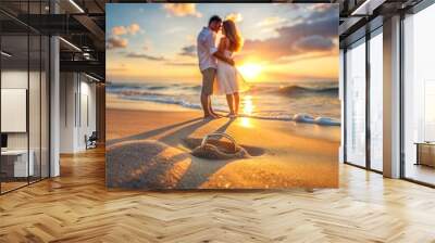 Beach Proposal on the beach at sunset with a wedding ring in the sand Wall mural