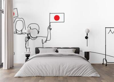 continuous line of boy and girl carrying japanese flag.one line drawing of son and daughter with japanese flag.japanese independence day.single line vector Wall mural