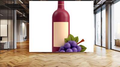 3D bottle of wine and grapes isolated on white Wall mural