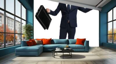 happy businessman holding suitcase and opening arms Wall mural