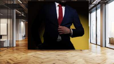 mysterious businessman buttoning navy blue suit Wall mural