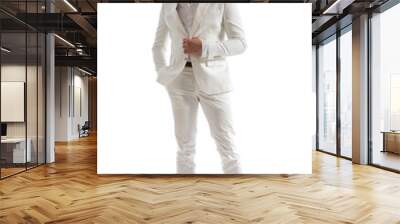 sexy young man holding one hand in pocket and opening white suit Wall mural