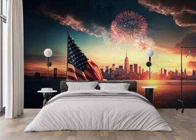 An american flag and fireworks. New york city on the  background, generative ai Wall mural