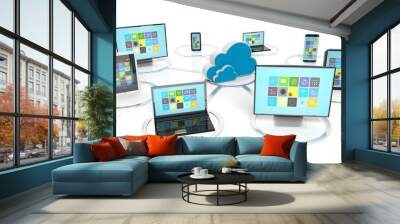 Cloud icon with communication devices around it, isolated on white background Wall mural