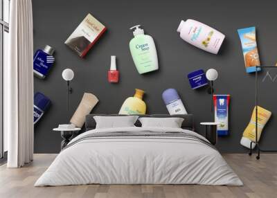 Collection of personal care productss - grey background. 3d illustration Wall mural