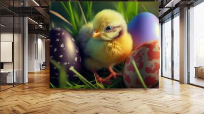 easter chick and easter eggs, generative ai Wall mural